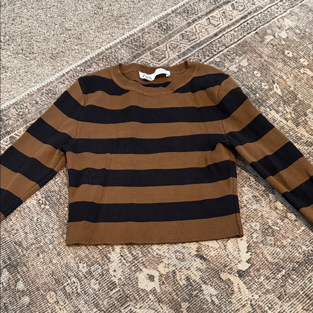 Zara Black and Brown Striped Knit Top